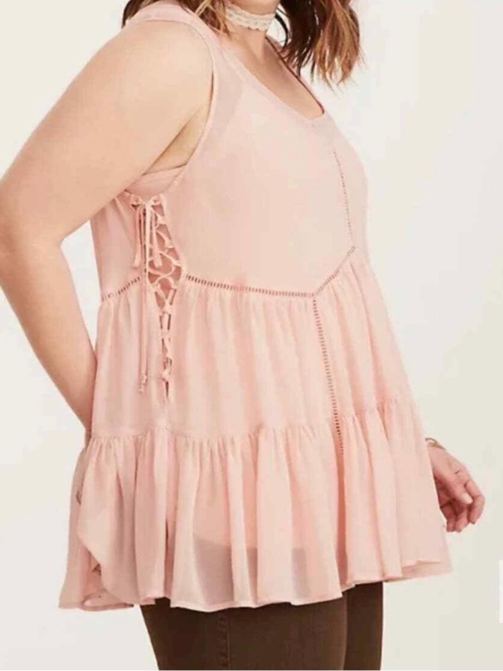 torrid Blush Pink Lace-Up Chiffon Tiered Ruffled Tunic Tank